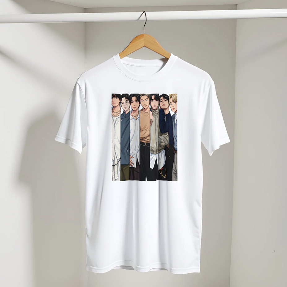 BTS 7‑member graphic tee in black hanging up