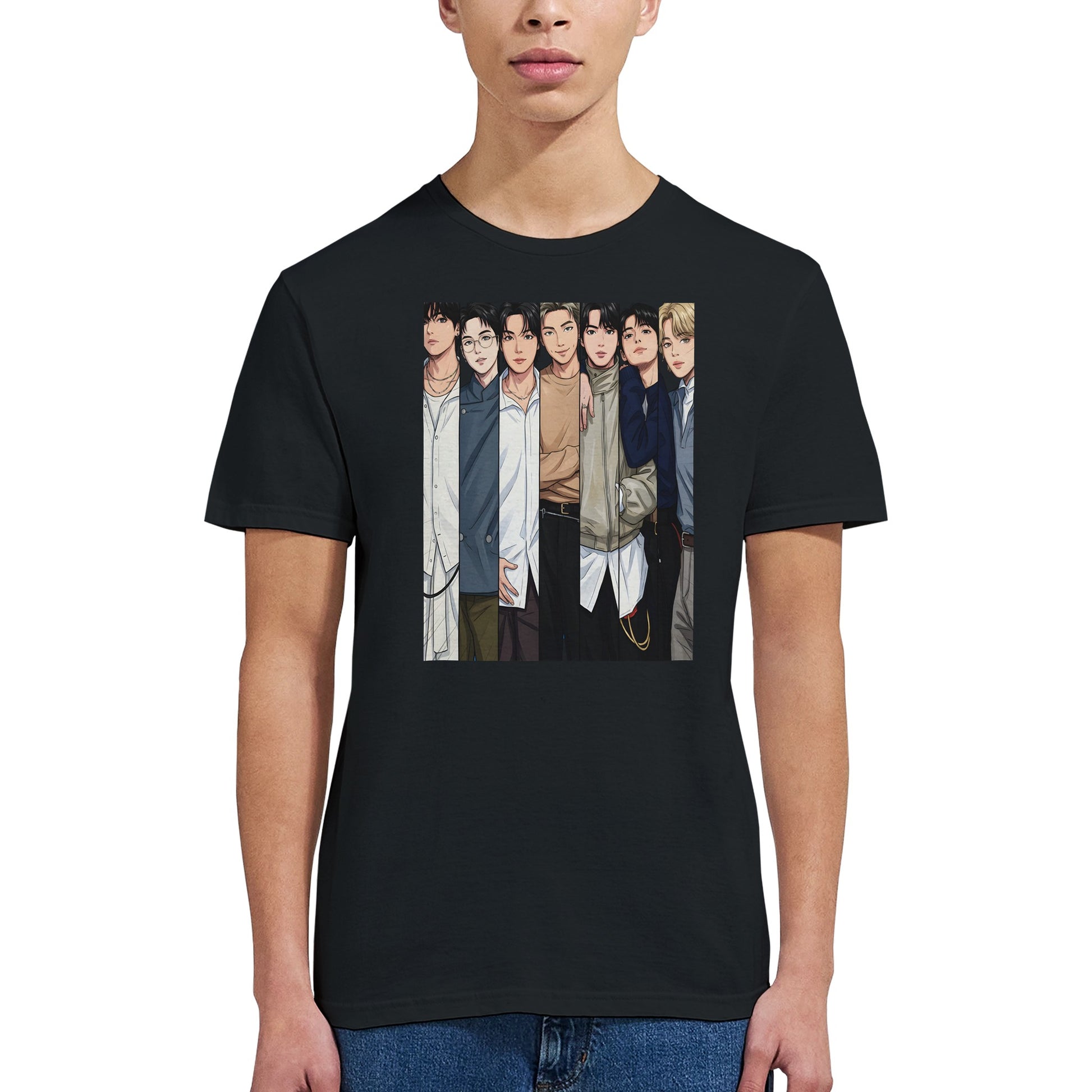 Black tee with modern BTS seven‑character design