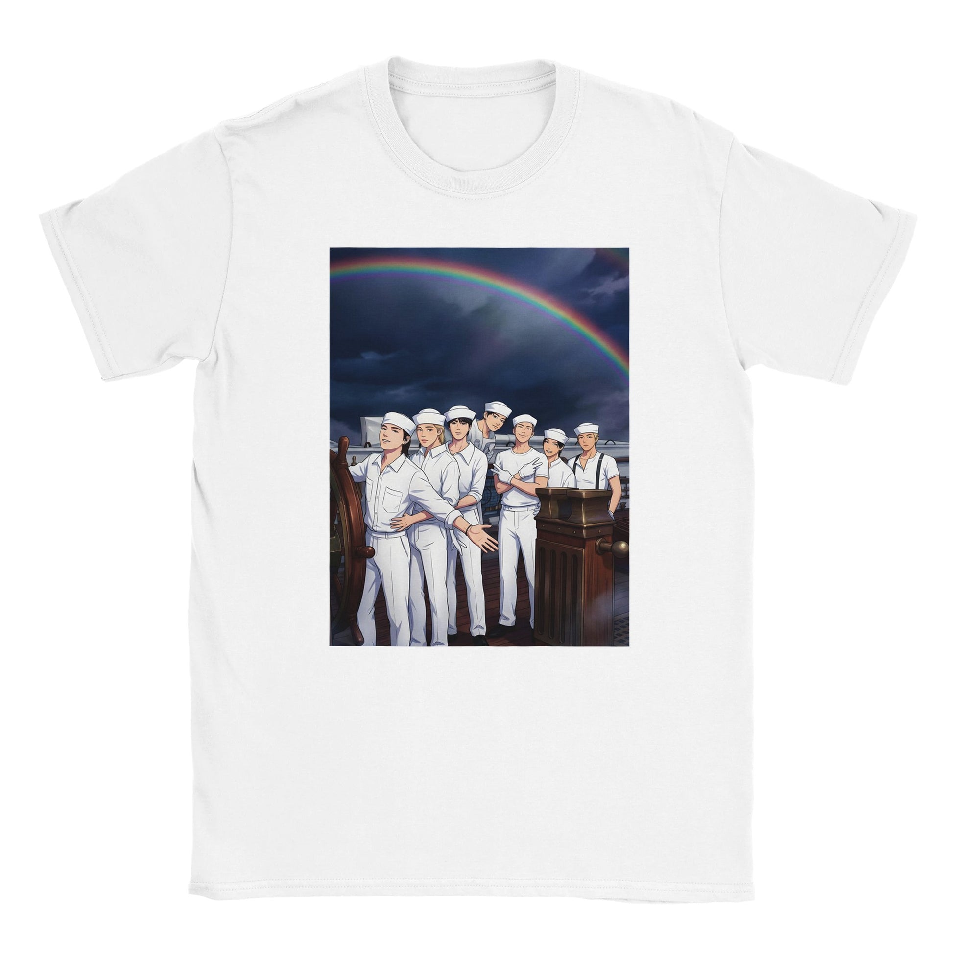 White BTS tee with front Swim‑inspired artwork and tour text