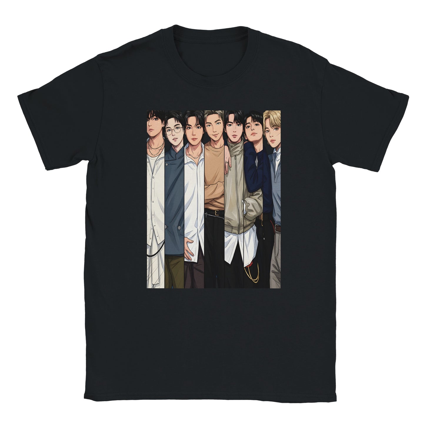 Black T‑shirt with seven‑member front graphic design