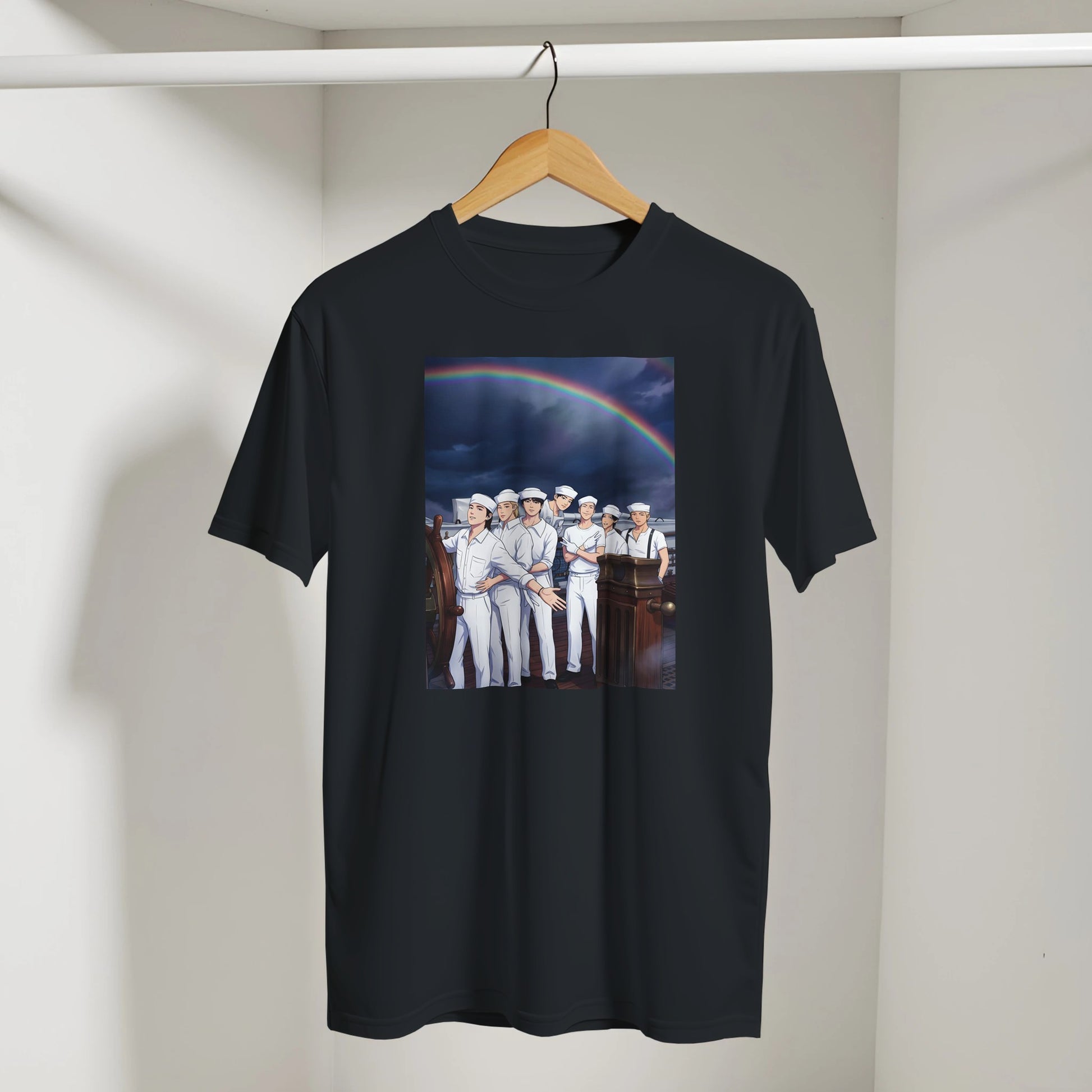 Black BTS tee with front Swim‑inspired artwork and tour text