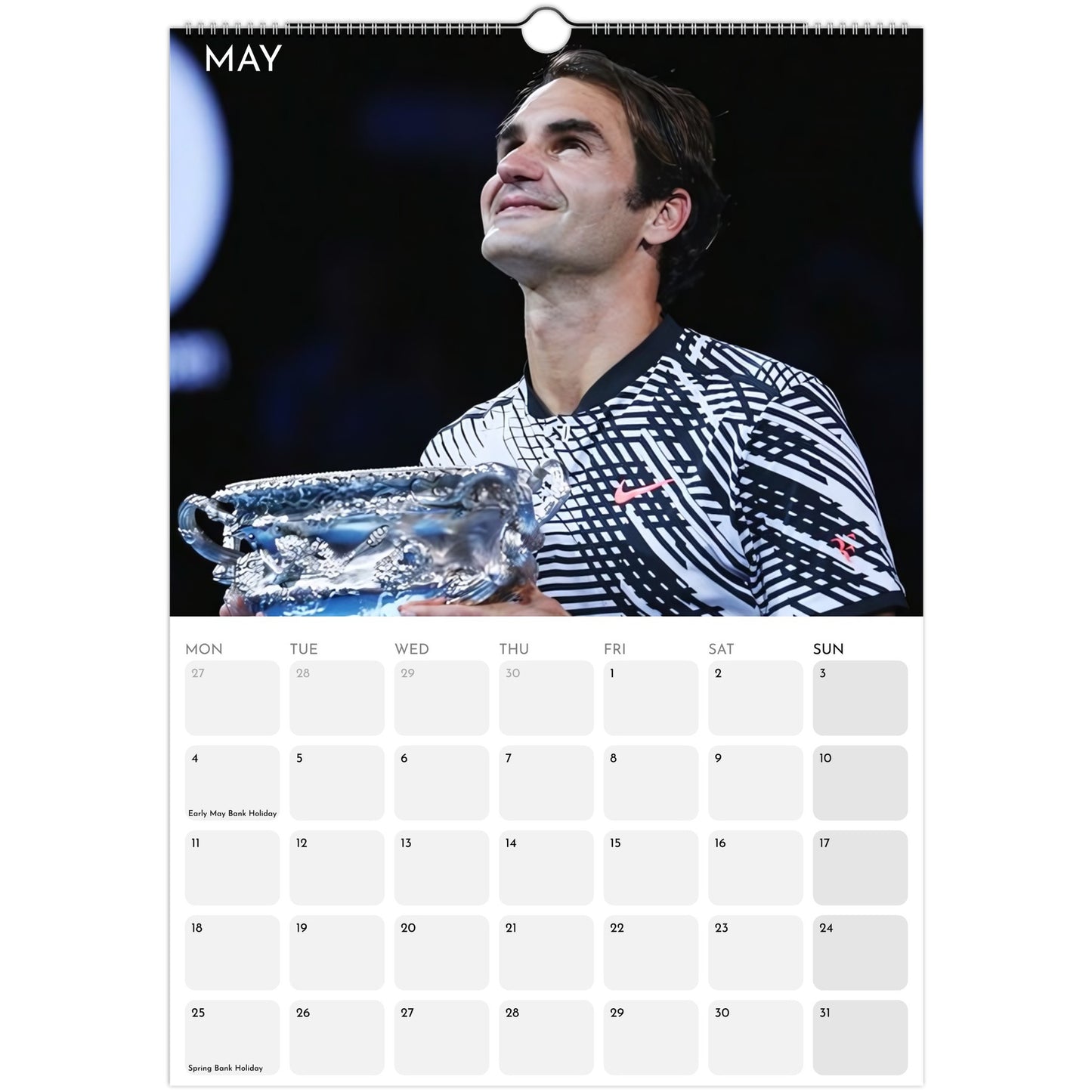 Roger Federer 2026 A3 wall calendar May