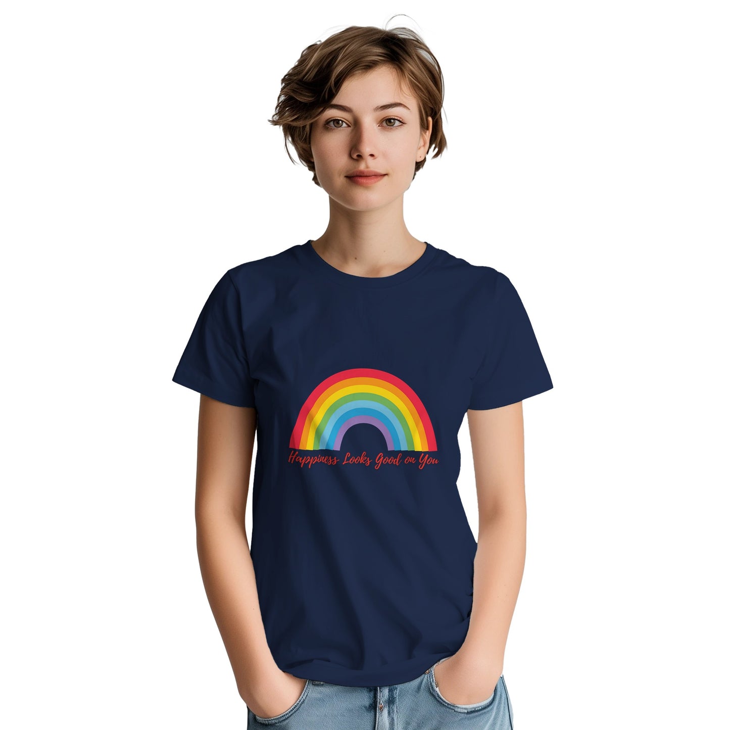 Colourful rainbow quote tee promoting happiness and good vibes