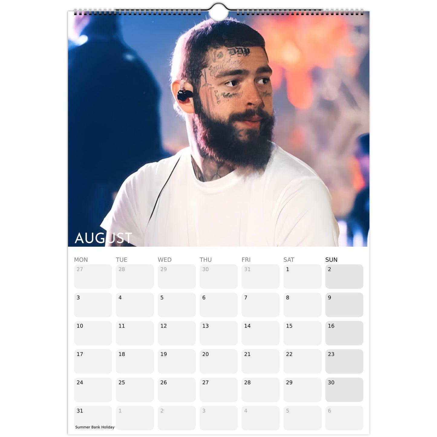 Post Malone 2026 A3 wall calendar August