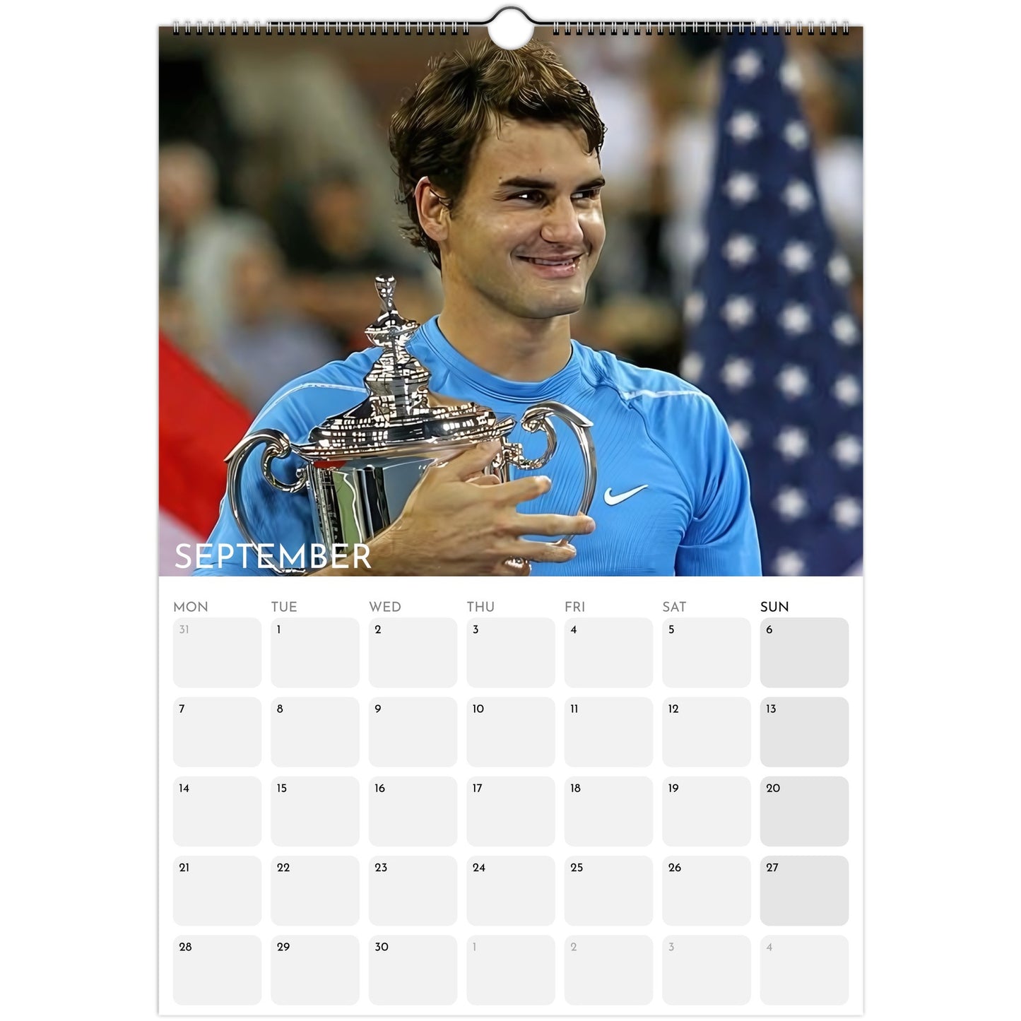 Roger Federer 2026 A3 wall calendar September