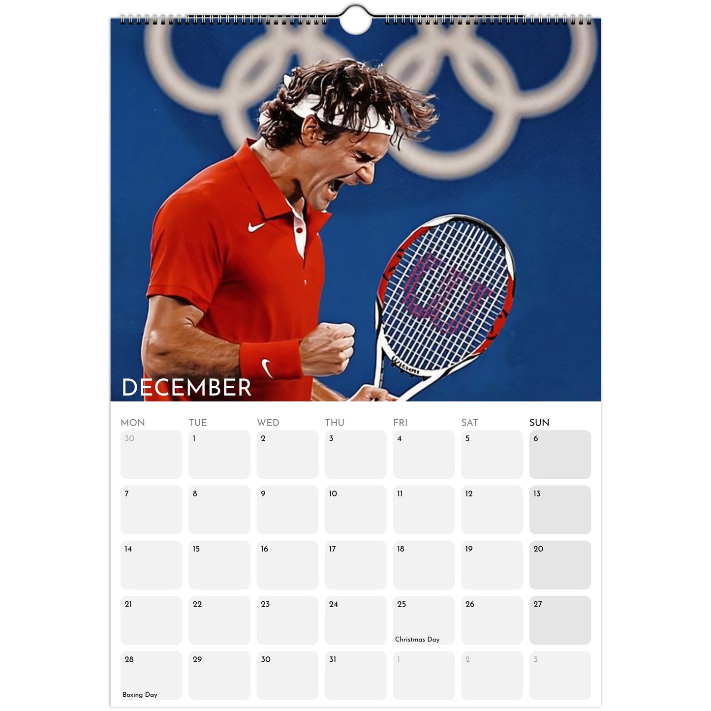 Roger Federer 2026 A3 wall calendar December