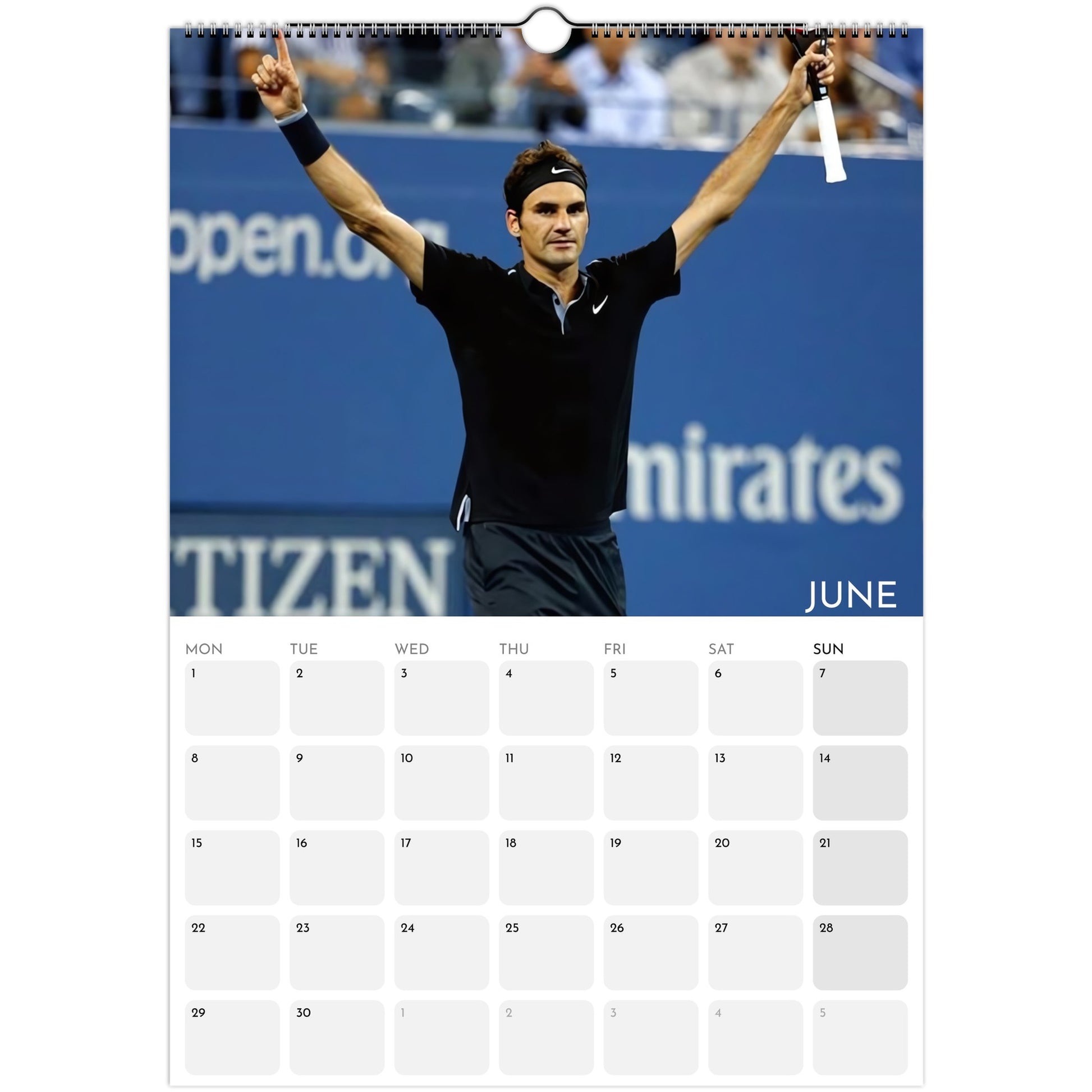 Roger Federer 2026 A3 wall calendar June