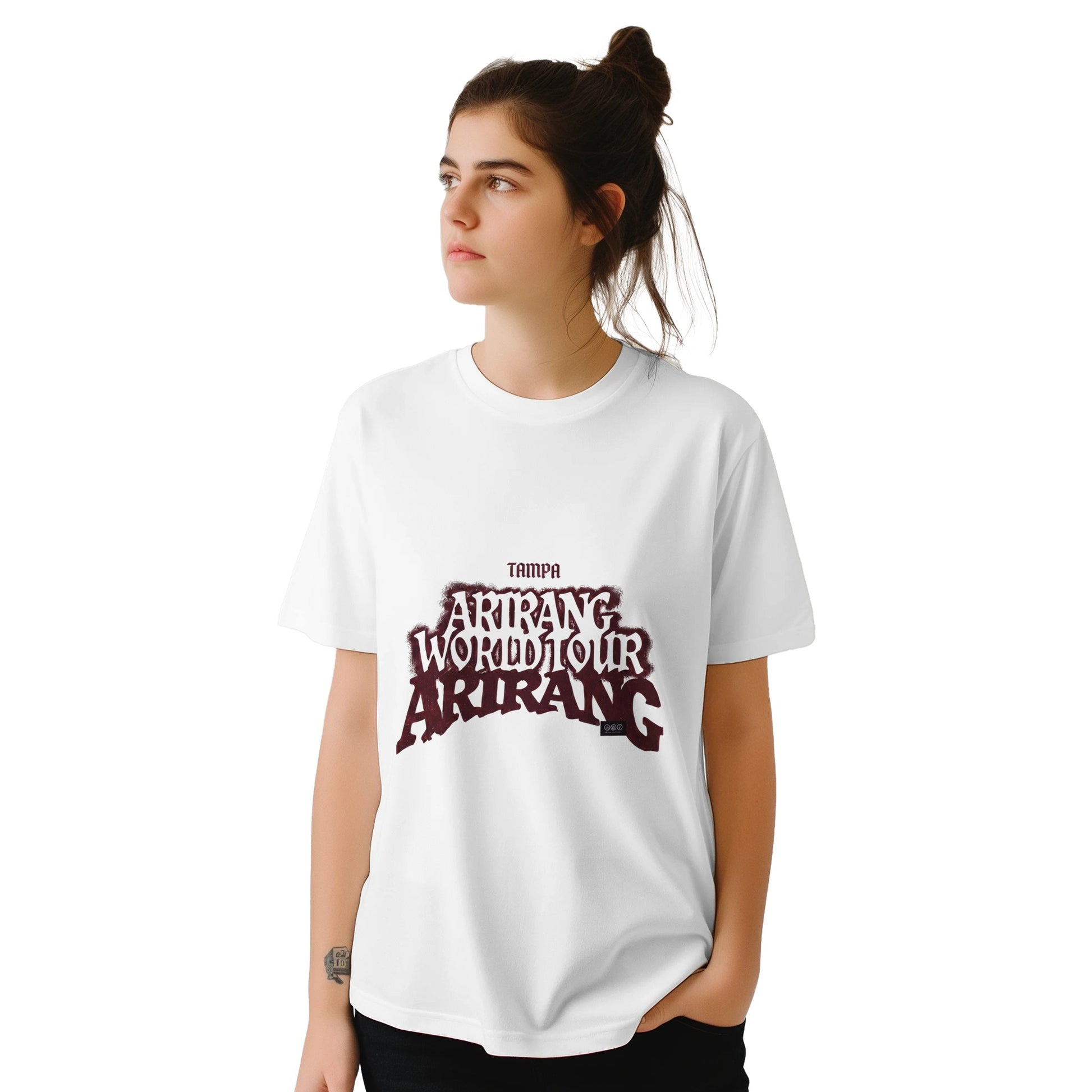 Close‑up of ARIRANG WORLD TOUR Tampa front design on white unisex T‑shirt