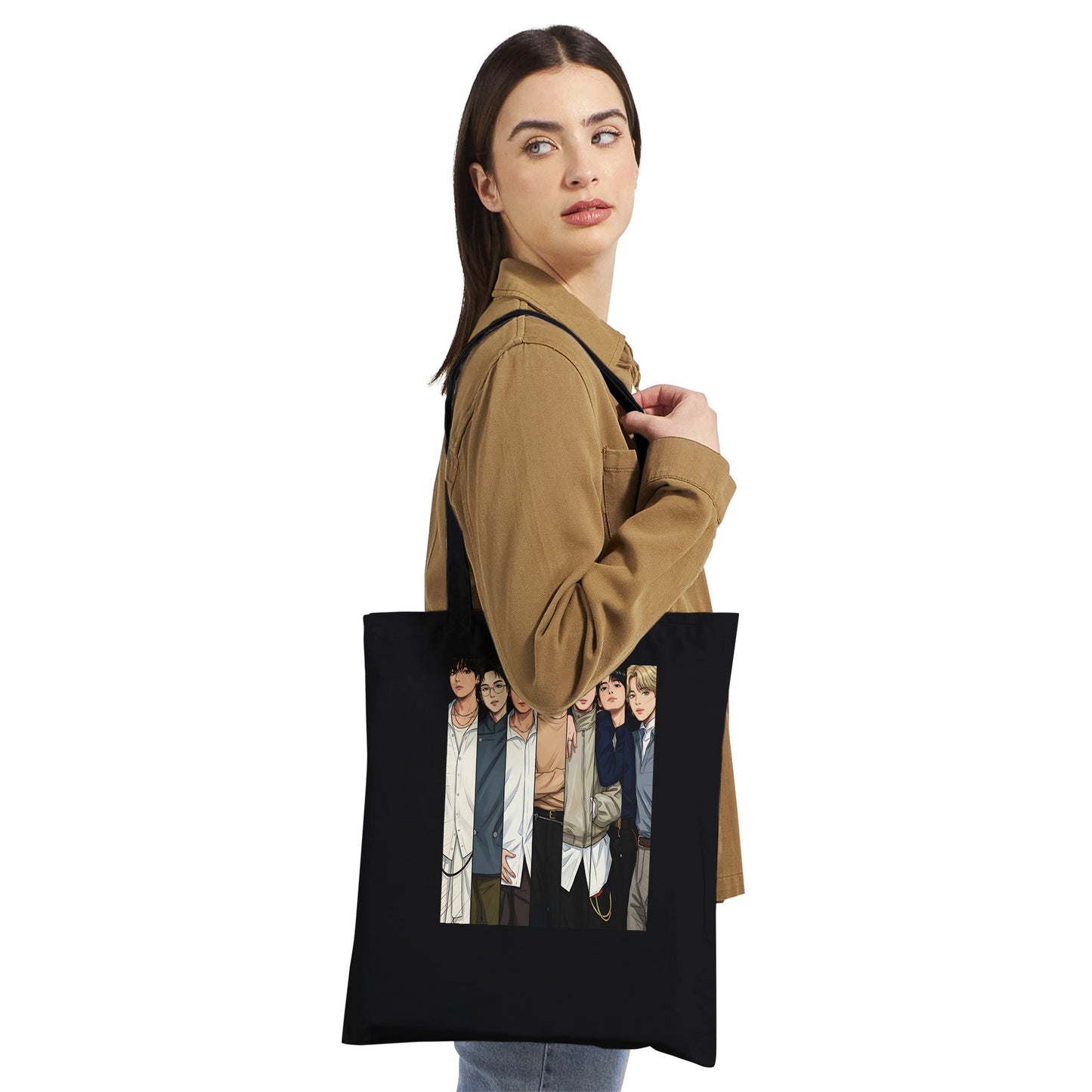 Black cotton BTS tote with 7‑member design