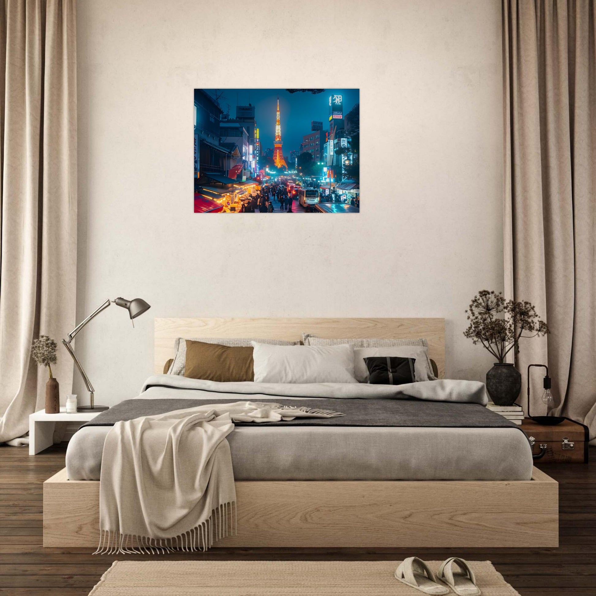 Neon Japanese city wall art with atmospheric night lighting
