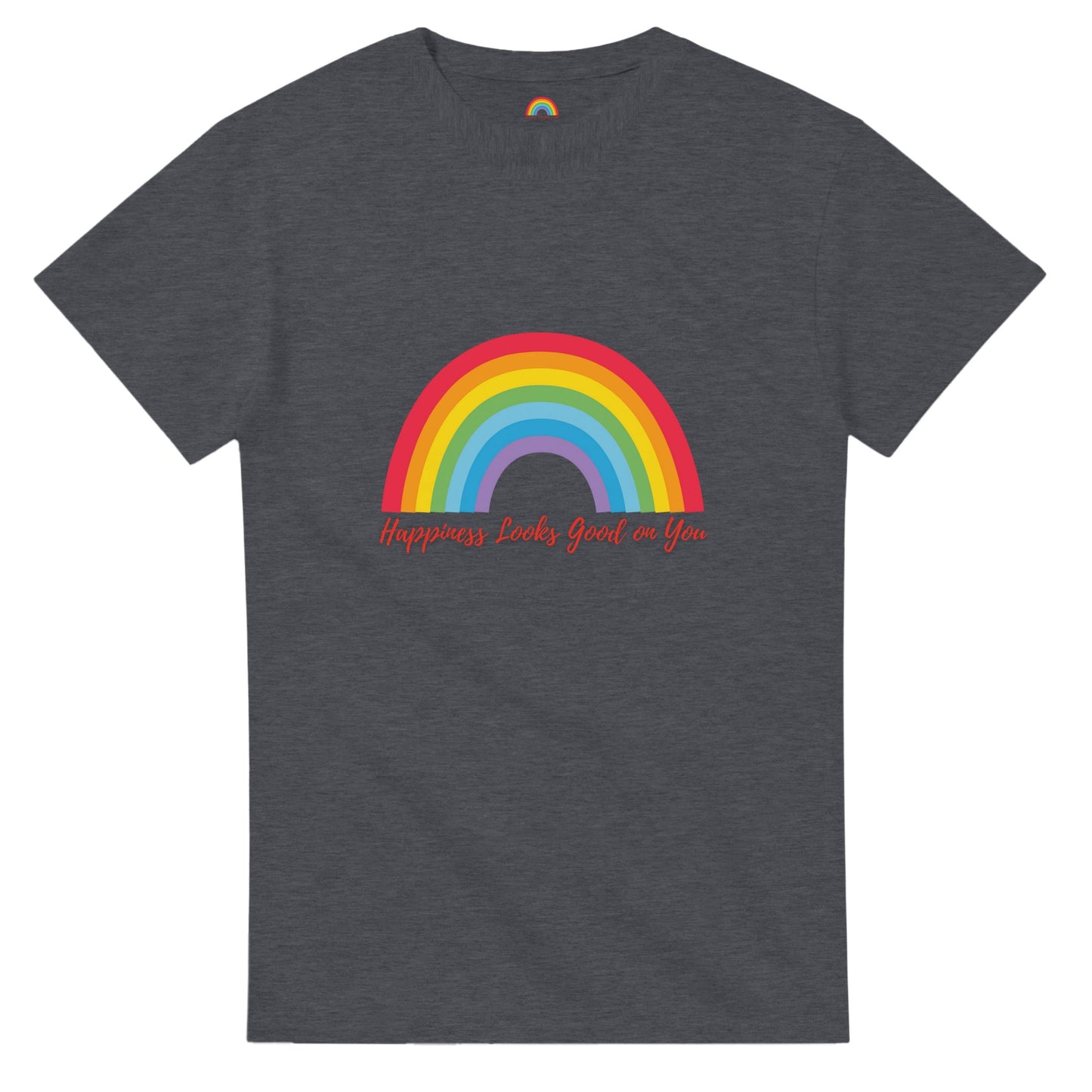 Rainbow positivity tee featuring Happiness Looks Good on You message