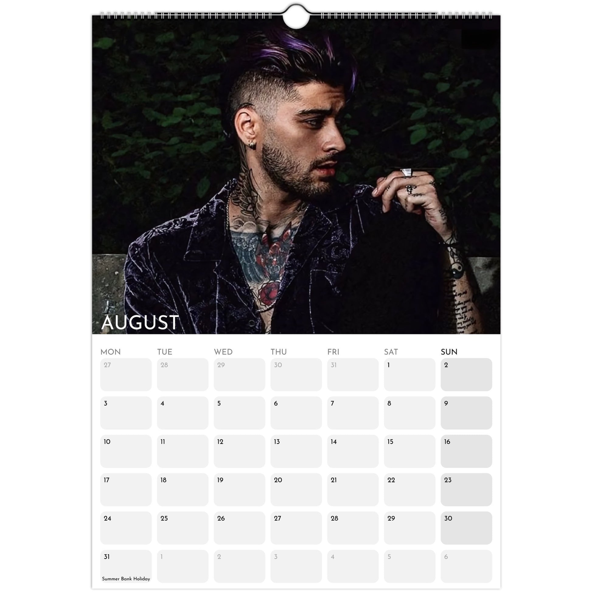 Zayn Malik 2026 A3 wall calendar August