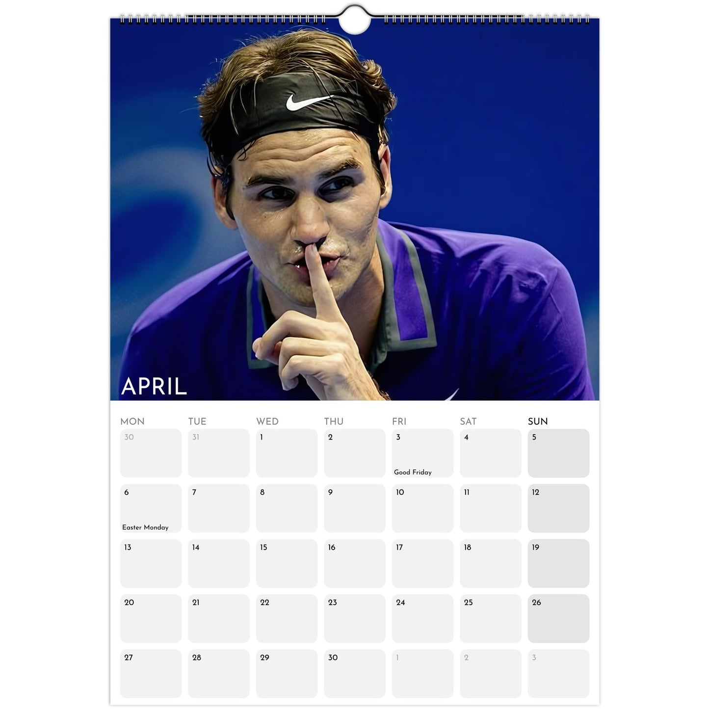 Roger Federer 2026 A3 wall calendar April