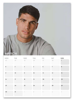 Carlos Alcaraz March 2026 calendar page