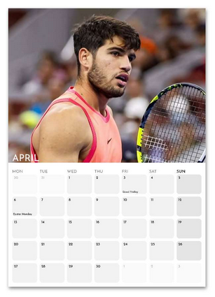 Carlos Alcaraz April 2026 calendar page