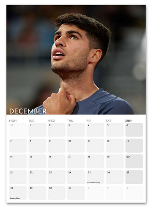 Carlos Alcaraz December 2026 calendar page