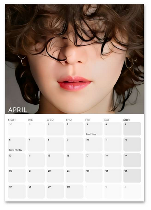 BTS Suga/Yoongi April 2026 calendar page