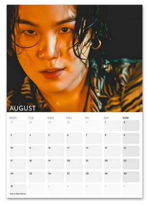 BTS Suga/Yoongi August 2026 calendar page