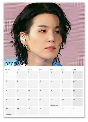 BTS Suga/Yoongi December 2026 calendar page