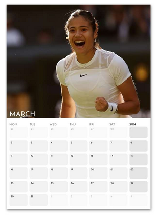 Emma Raducanu March 2026 calendar page