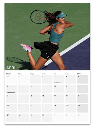 Emma Raducanu April 2026 calendar page