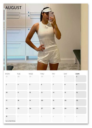 Emma Raducanu August 2026 calendar page