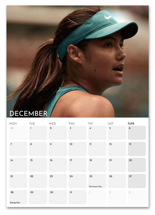 Emma Raducanu December 2026 calendar page