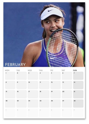 Emma Raducanu February 2027 calendar page