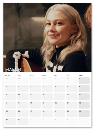 Phoebe Bridgers March 2026 calendar page