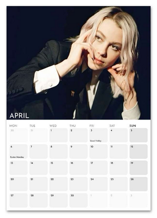 Phoebe Bridgers April 2026 calendar page