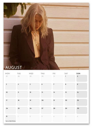 Phoebe Bridgers August 2026 calendar page