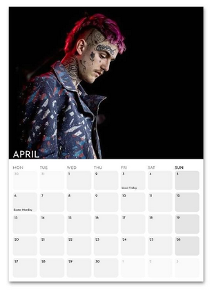 Lil Peep April 2026 calendar page
