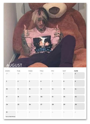 Lil Peep August 2026 calendar page