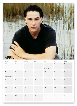 Keanu Reeves April 2026 calendar page