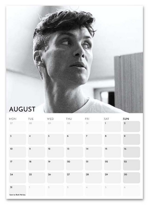 Cillian Murphy August 2026 calendar page