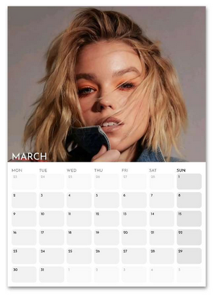 Milly Alcock March 2026 calendar page