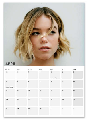 Milly Alcock April 2026 calendar page