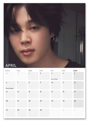 BTS Jimin Boyfriend Style April 2026 calendar page