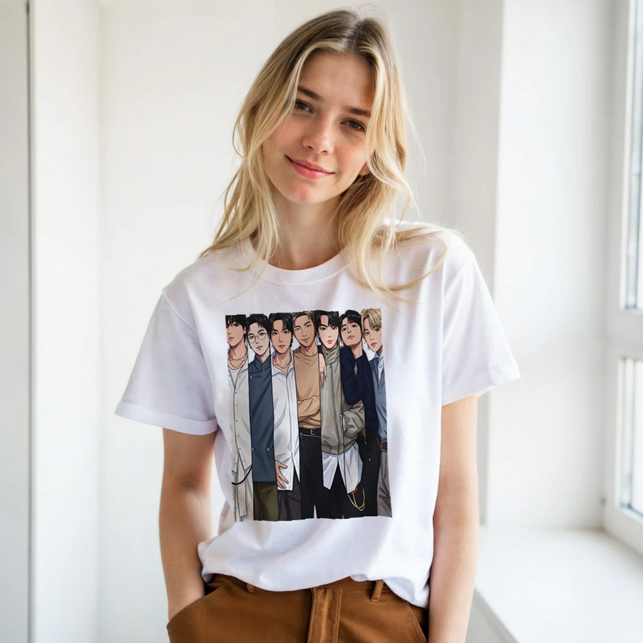 White BTS tee with seven‑members front design and tour text