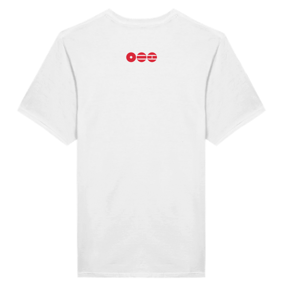 White t-shirt with BTS red logo on the back against a white background