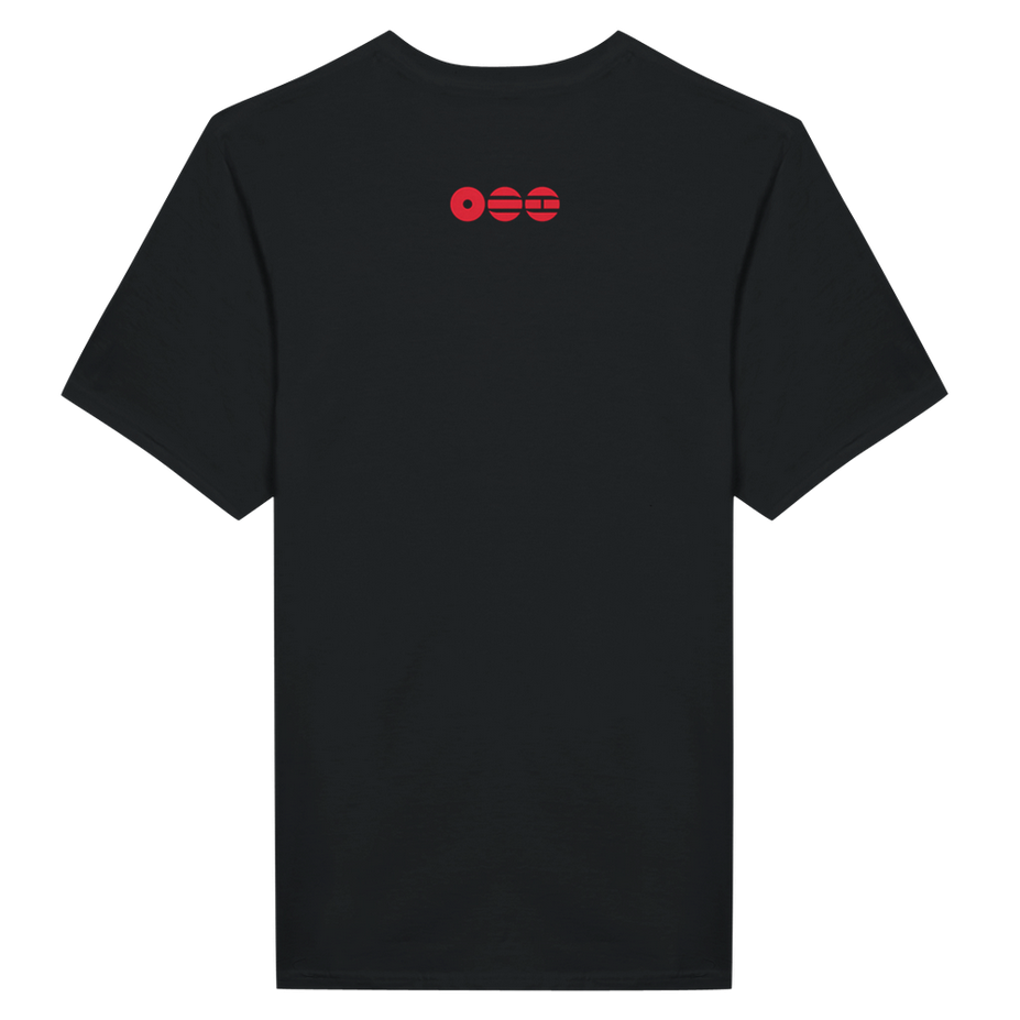 Black t-shirt with the BTS red logo on the back against a white background