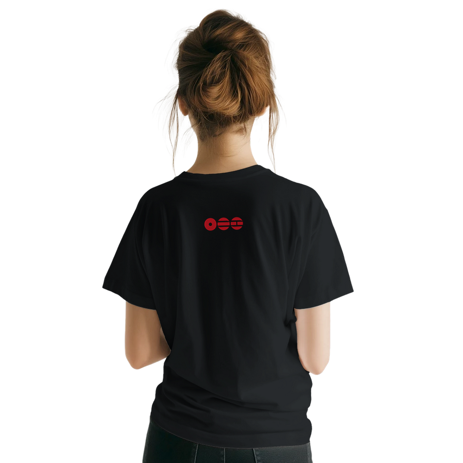 Person wearing a black BTS t-shirt on a white background