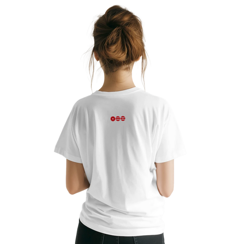 Person wearing a white t-shirt with 2026 BTS Arirang logo on the back against a white background