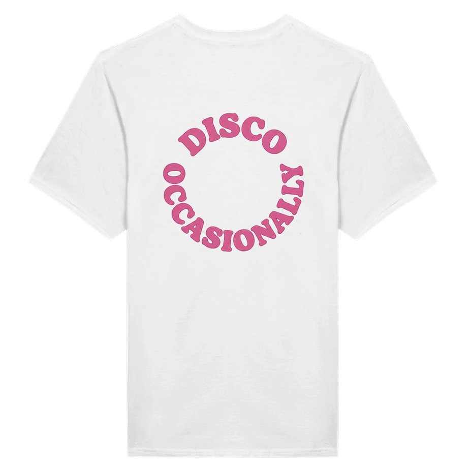 White t-shirt with pink text 'DISCO OCCASIONALLY' on a white background