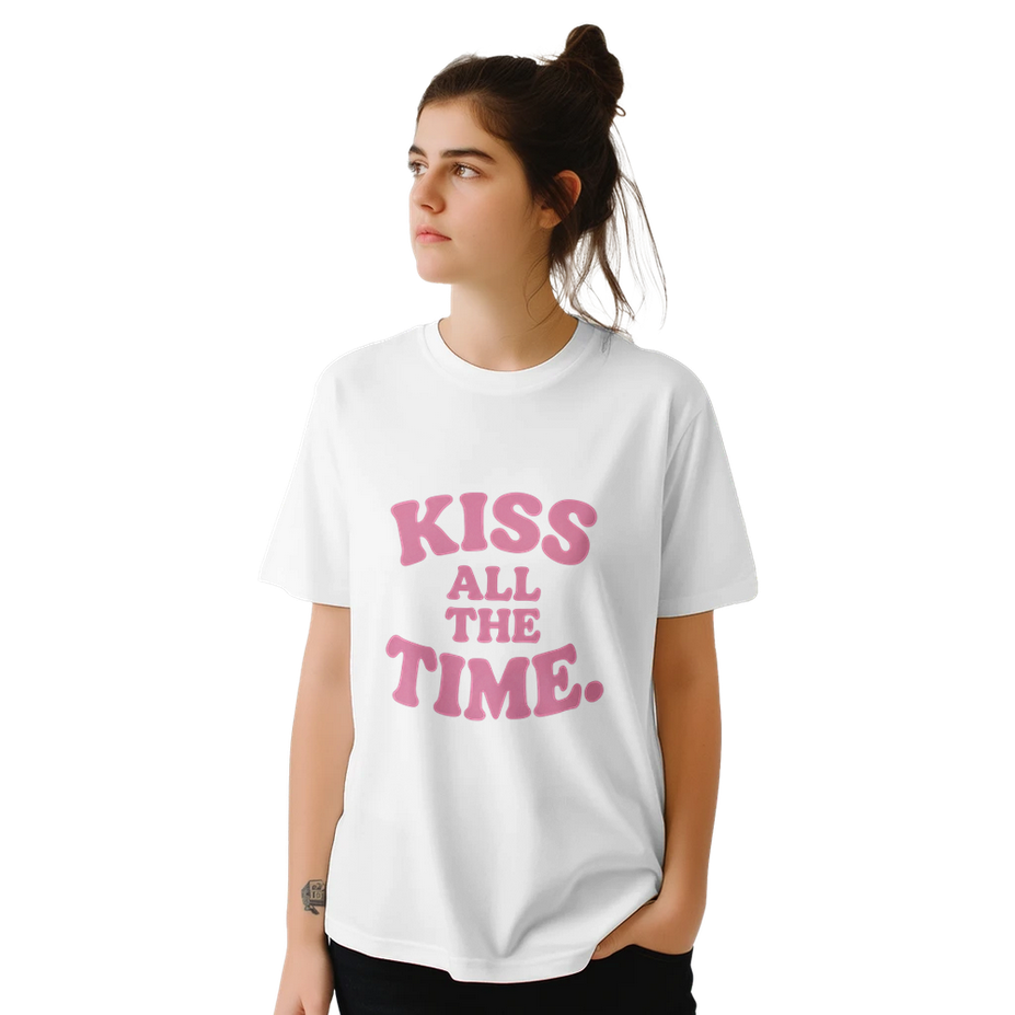 Person wearing a white t-shirt with 'KISS ALL THE TIME' text in pink on a white background