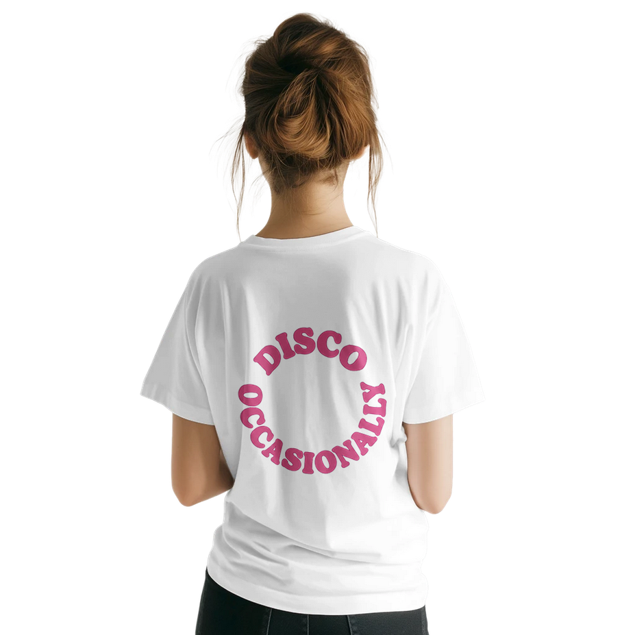 Person wearing a white t-shirt with pink text on the back, standing against a white background