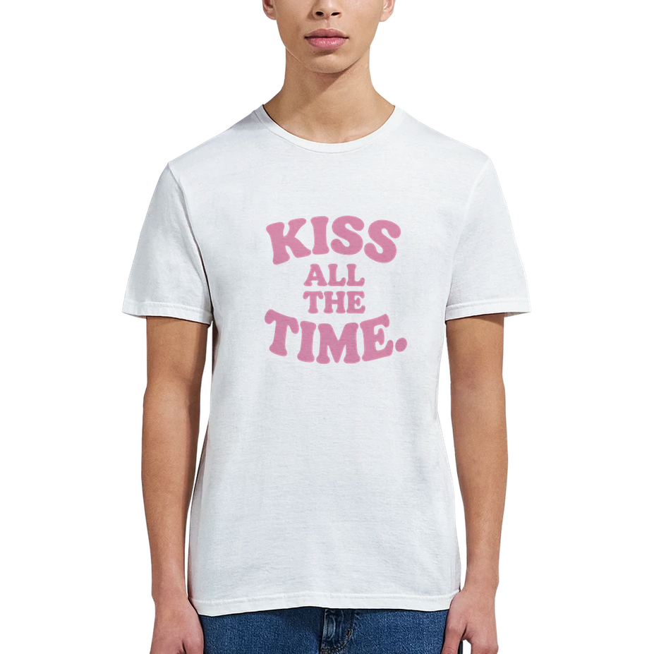 Person wearing a white t-shirt with 'KISS ALL THE TIME' in pink text on a white background