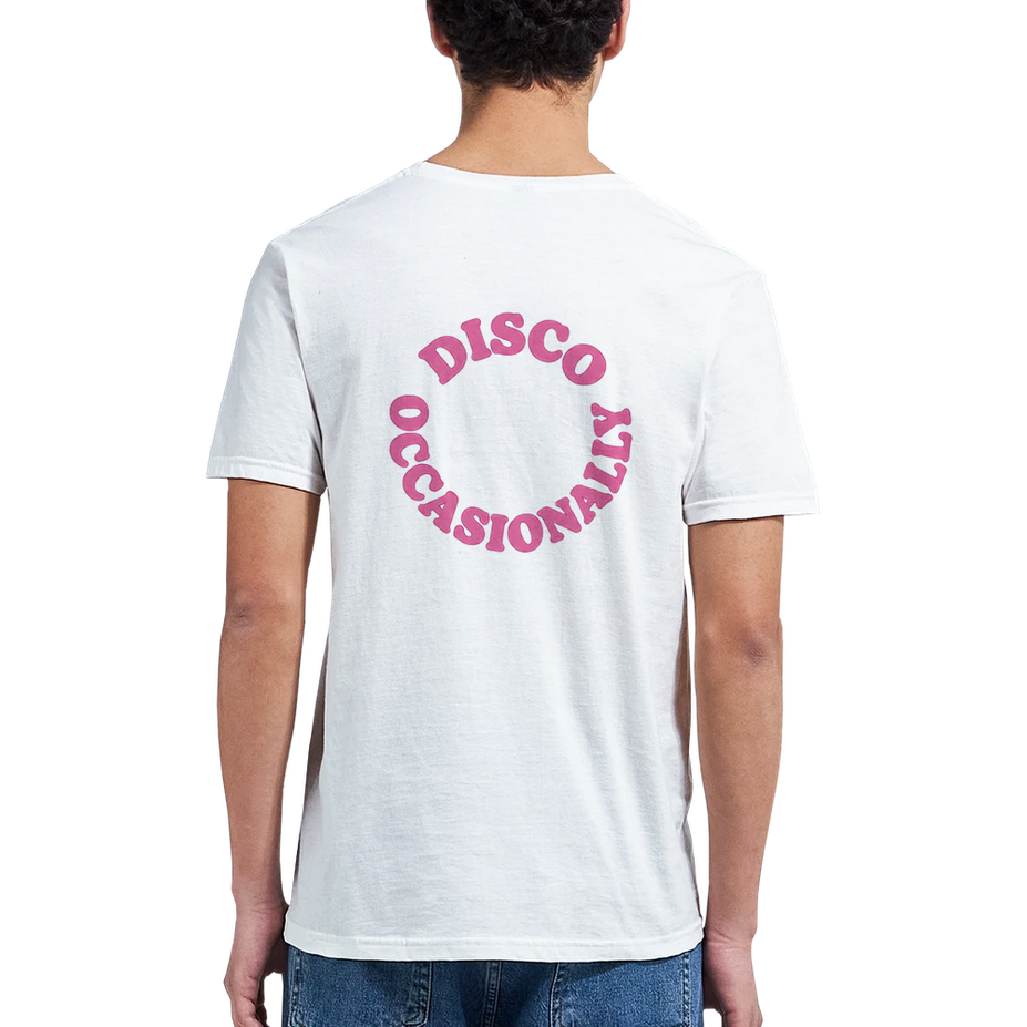 Person wearing a white t-shirt with 'Disco Occasionally' text on the back, standing against a white background.