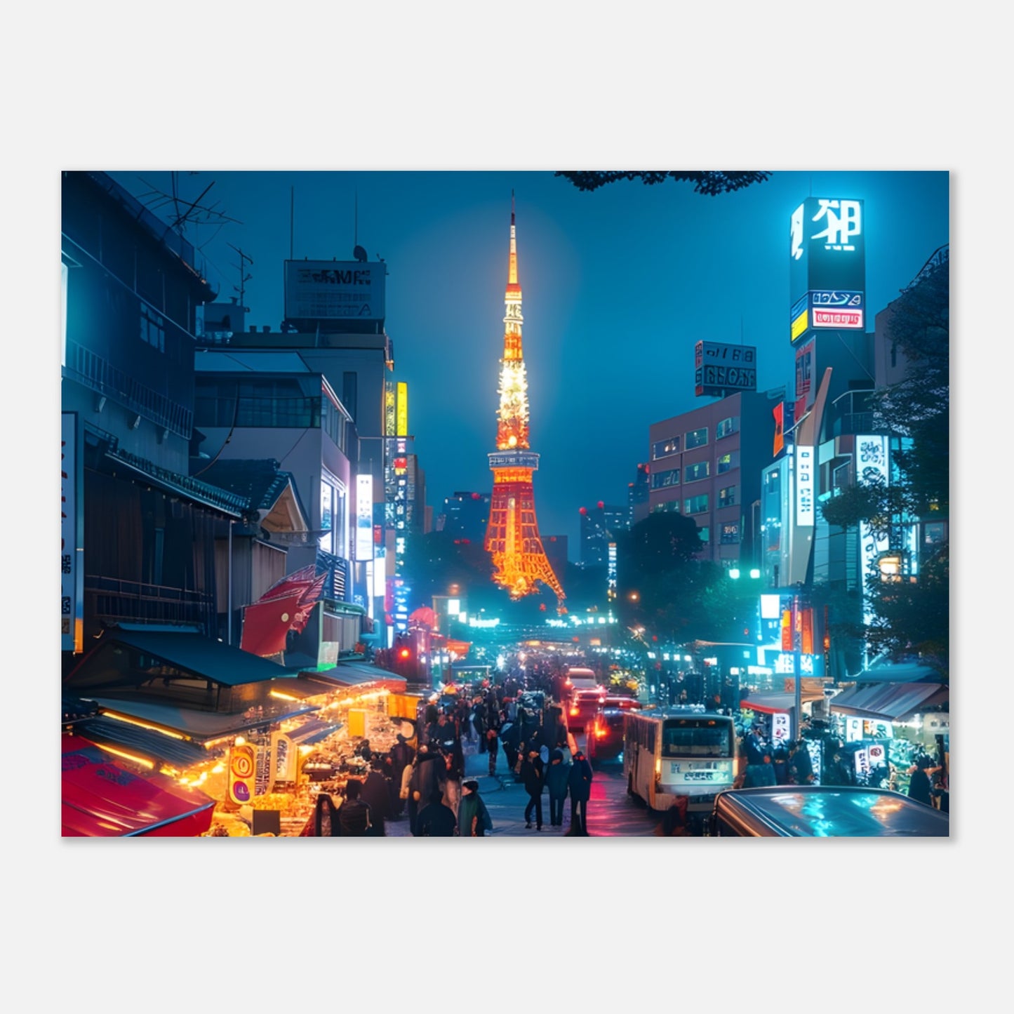 Tokyo neon city street wall art with glowing night signs