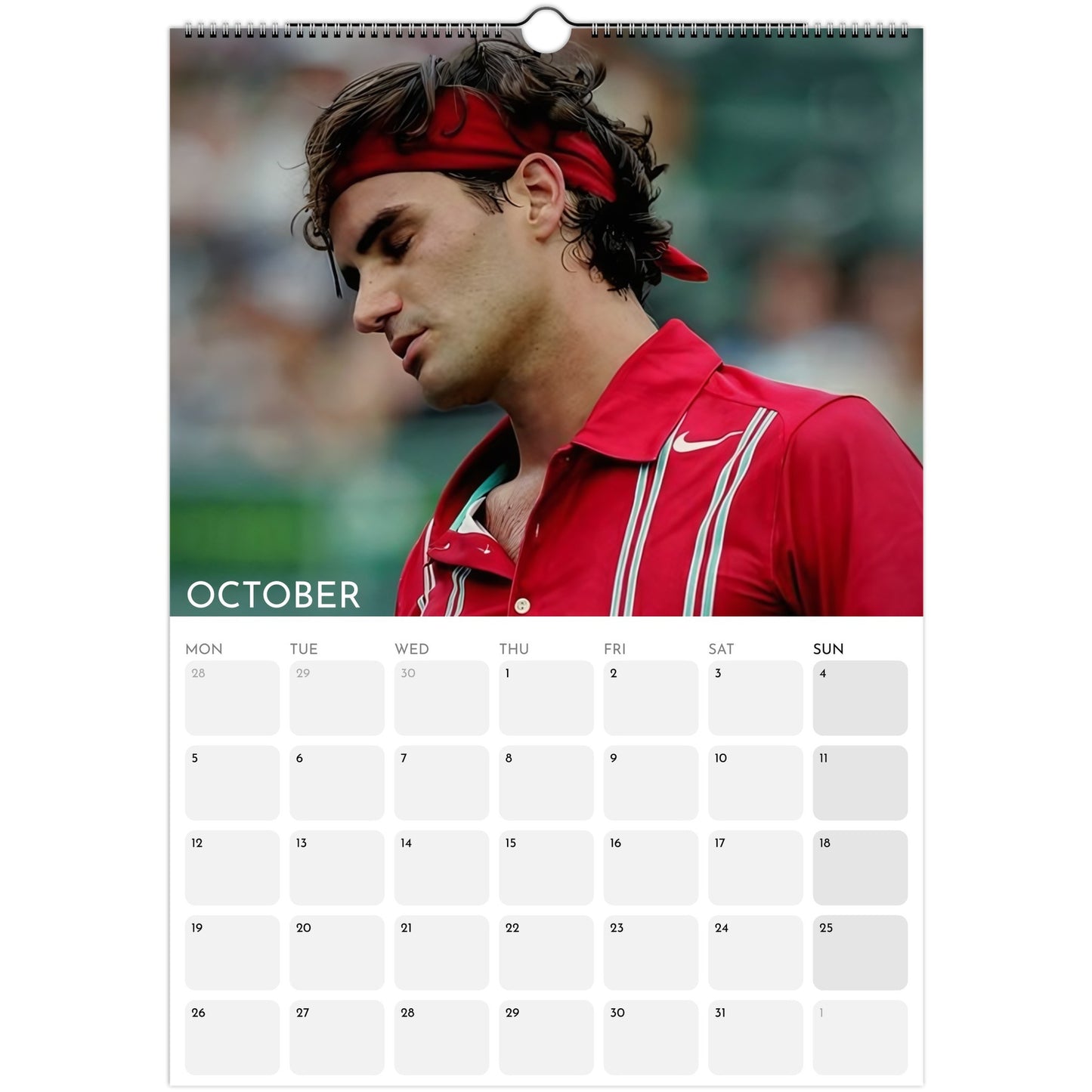 Roger Federer 2026 A3 wall calendar October